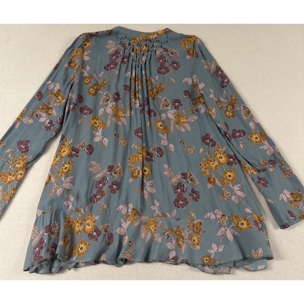 Free People Top Blouse Floral Cottage MED Butterfly Career Dressy Flowy Smocked - Picture 2 of 10